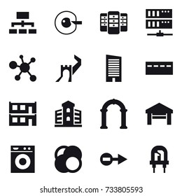 16 vector icon set : hierarchy, cell corection, server, greate wall, skyscraper, bunker, modular house, building, arch, garage, washing machine