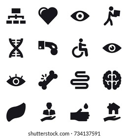 16 vector icon set : hierarchy, heart, eye, courier, dna, hand coin, hand drop, housing