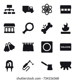 16 vector icon set : hierarchy, truck, atom, market, magnifier, flippers, curtain, ring button, welcome mat, turk, udder
