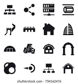 16 vector icon set : hierarchy, molecule, server, nanotube, greate wall, bridge, home, skyscraper, hangare, modern architecture, house, arch, barn