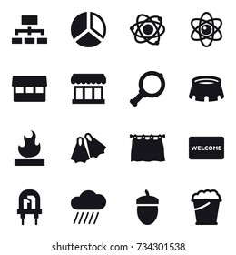 16 vector icon set : hierarchy, diagram, atom, market, magnifier, stadium, flippers, curtain, welcome mat, rain cloud, acorn, foam bucket