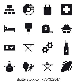 16 vector icon set : hierarchy, circle diagram, shopping bag, measuring tape, check in, iron board, apron, garden cleaning, bug