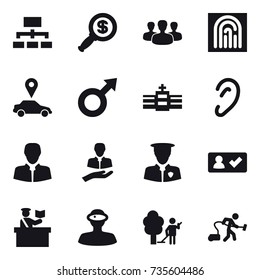 16 vector icon set : hierarchy, dollar magnifier, group, fingerprint, car pointer, check in, inspector, garden cleaning, vacuum cleaner