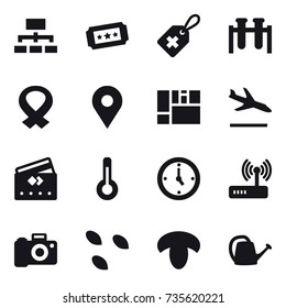 16 vector icon set : hierarchy, ticket, arrival, credit card, thermometer, watch, seeds, mushroom, watering can