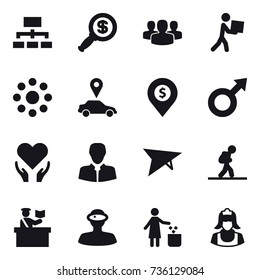 16 vector icon set : hierarchy, dollar magnifier, group, courier, round around, car pointer, dollar pin, deltaplane, tourist, inspector, garbage bin, cleaner