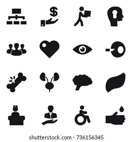 16 vector icon set : hierarchy, investment, courier, bulb head, group, heart, invalid, hand drop