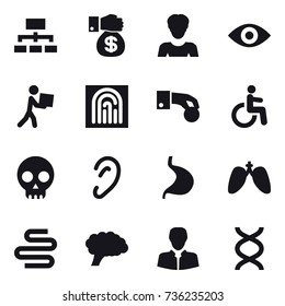 16 vector icon set : hierarchy, money gift, woman, eye, courier, fingerprint, hand coin