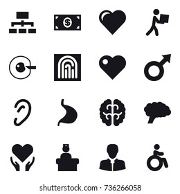 16 vector icon set : hierarchy, money, heart, courier, cell corection, fingerprint, invalid