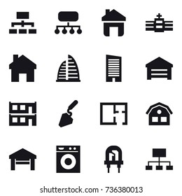 16 vector icon set : hierarchy, structure, home, skyscraper, garage, modular house, construction, plan, house, washing machine