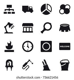 16 vector icon set : hierarchy, truck, diagram, atom core, table lamp, market, magnifier, stadium, watch, ring button, welcome mat, knife holder, foam bucket