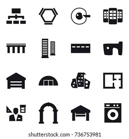 16 vector icon set : hierarchy, hex molecule, cell corection, server, bridge, skyscrapers, bunker, slum, garage, hangare, modern architecture, plan, architector, arch, washing machine