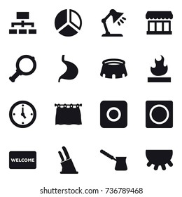 16 vector icon set : hierarchy, diagram, table lamp, market, magnifier, stadium, watch, curtain, ring button, welcome mat, knife holder, turk, udder