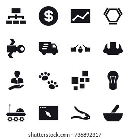 16 vector icon set : hierarchy, dollar, statistic, hex molecule, satellite, delivery, drawbridge, building helmet, pets, walnut crack, mortar