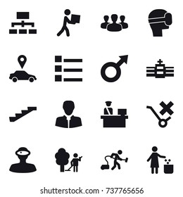 16 vector icon set : hierarchy, courier, group, virtual mask, car pointer, list, stairs, garden cleaning, vacuum cleaner, garbage bin