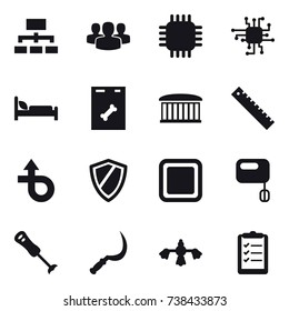 16 vector icon set : hierarchy, group, chip, airport building, ruler, shield, cutting board, sickle, hard reach place cleaning, clipboard list