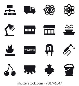 16 vector icon set : hierarchy, truck, atom, table lamp, market, fountain, welcome mat, cherry, udder, maple leaf, foam bucket