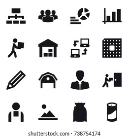 16 vector icon set : hierarchy, group, diagram, graph, courier, warehouse, notebook connect, cpu, pencil, barn, landscape, cleanser powder