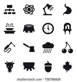 16 vector icon set : hierarchy, atom, table lamp, fountain, stadium, watch, turk, rain cloud, cherry, cow, udder, acorn, maple leaf