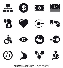 16 vector icon set : hierarchy, dollar, money, money gift, heart, cell corection, hand coin