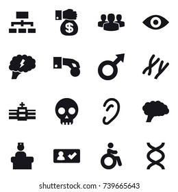 16 vector icon set : hierarchy, money gift, group, eye, brain, hand coin, check in, invalid