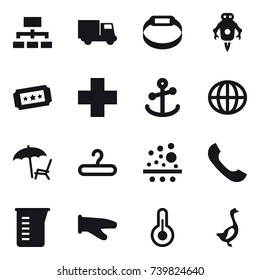 16 vector icon set : hierarchy, truck, smart bracelet, jet robot, ticket, globe, lounger, hanger, measuring cup, cook glove, goose