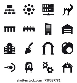 16 vector icon set : hierarchy, round around, server, greate wall, bridge, skyscraper, garage, building, construction, arch, barn