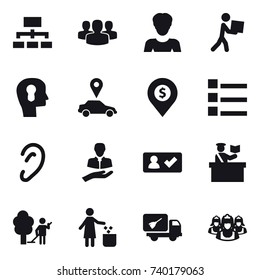 16 vector icon set : hierarchy, group, woman, courier, bulb head, car pointer, dollar pin, list, check in, inspector, garden cleaning, garbage bin, home call cleaning, outsource
