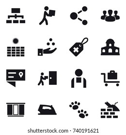 16 vector icon set : hierarchy, courier, molecule, group, sun power, chamical industry, mansion, baggage trolley, wardrobe, iron, pets, construct garbage