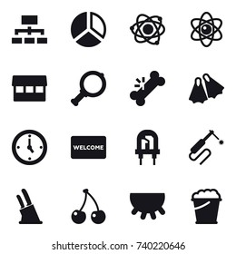 16 vector icon set : hierarchy, diagram, atom, market, magnifier, flippers, watch, welcome mat, knife holder, cherry, udder, foam bucket