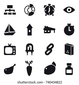 16 vector icon set : hierarchy, circle diagram, alarm clock, eye, boat, tower, house with garage, tv, pills bottle