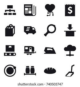 16 vector icon set : hierarchy, newspaper, cardio chip, receipt, shopping bag, delivery, magnifier, trailer, iron, bread, scoop
