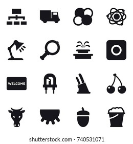 16 vector icon set : hierarchy, truck, atom core, atom, table lamp, magnifier, fountain, ring button, welcome mat, knife holder, cherry, cow, udder, acorn, foam bucket 16 vector icon set : hierarchy, truck, atom core, atom, table lamp, magnifier, fountain, ring button, welcome mat, knife holder, cherry, cow, udder, acorn, foam bucket