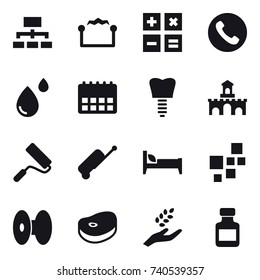 16 vector icon set : hierarchy, electrostatic, calculator, phone, fort, repair, suitcase, bed, harvest, pills bottle