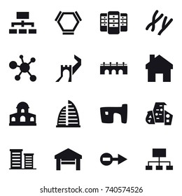 16 vector icon set : hierarchy, hex molecule, server, greate wall, bridge, home, mansion, skyscraper, slum, modern architecture, district, garage