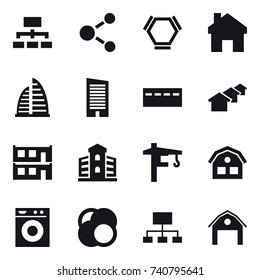 16 vector icon set : hierarchy, molecule, hex molecule, home, skyscraper, bunker, houses, modular house, building, tower crane, house, washing machine, barn