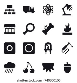16 vector icon set : hierarchy, truck, atom, table lamp, market, magnifier, ring button, rain cloud, cherry, udder, acorn