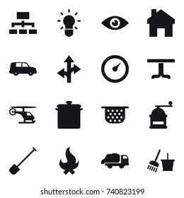16 vector icon set : hierarchy, bulb, home, barometer, table, pan, colander, hand mill, shovel, fire, trash truck, bucket and broom