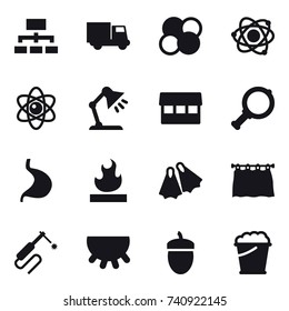 16 vector icon set : hierarchy, truck, atom core, atom, table lamp, market, magnifier, flippers, curtain, udder, acorn, foam bucket