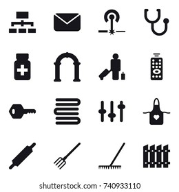 16 vector icon set : hierarchy, mail, laser, arch, passenger, remote control, key, towels, apron, rolling pin, fork, rake, fence