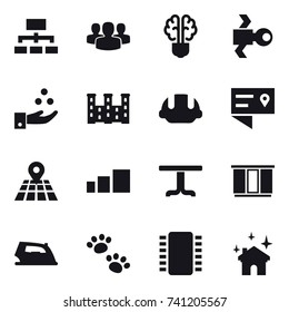 16 vector icon set : hierarchy, group, bulb brain, satellite, chamical industry, palace, building helmet, table, wardrobe, iron, pets, house cleaning