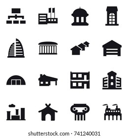 16 vector icon set : hierarchy, store, goverment house, building, skyscraper, airport building, houses, garage, hangare, house with garage, modular house, city, bungalow, antique column