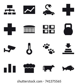 16 vector icon set : hierarchy, statistic, electric car, airport building, panel house, surveillance, thermometer, pets, chef  hat, cow, fish
