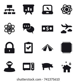 16 vector icon set : hierarchy, presentation, notebook, atom, discussion, money, journey, lock, tent, pig, house cleaning