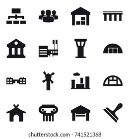 16 vector icon set : hierarchy, group, warehouse, bridge, library, mall, airport tower, hangare, school, windmill, city, greenhouse, bungalow, antique column, garage, scraper