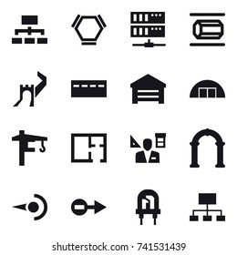 16 vector icon set : hierarchy, hex molecule, server, nanotube, greate wall, bunker, garage, hangare, tower crane, plan, architector, arch