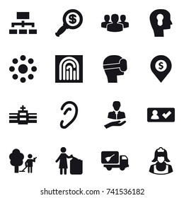 16 vector icon set : hierarchy, dollar magnifier, group, bulb head, round around, fingerprint, virtual mask, dollar pin, check in, garden cleaning, garbage bin, home call cleaning, cleaner