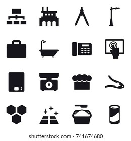 16 vector icon set : hierarchy, factory, drawing compass, outdoor light, suitcase iocn, bath, kitchen scales, chef  hat, walnut crack, honeycombs, clean floor, washing powder, cleanser powder