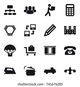 16 vector icon set : hierarchy, group, courier, calculator, hex molecule, notebook connect, pencil, palace, baggage trolley, wardrobe, phone, iron, steam pan, pickup, hard reach place cleaning