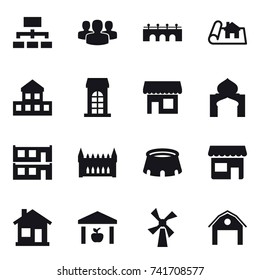 16 vector icon set : hierarchy, group, bridge, project, cottage, building, shop, minaret, modular house, gothic architecture, stadium, home, warehouse, windmill, barn