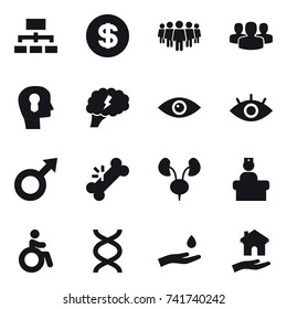 16 vector icon set : hierarchy, dollar, team, group, bulb head, brain, invalid, hand and drop, housing